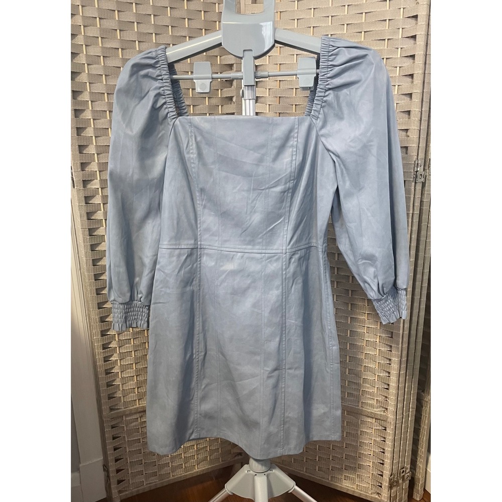 7 For All Mankind Blue Vegan Leather Puff Sleeve Mini Dress Square Neck Size M